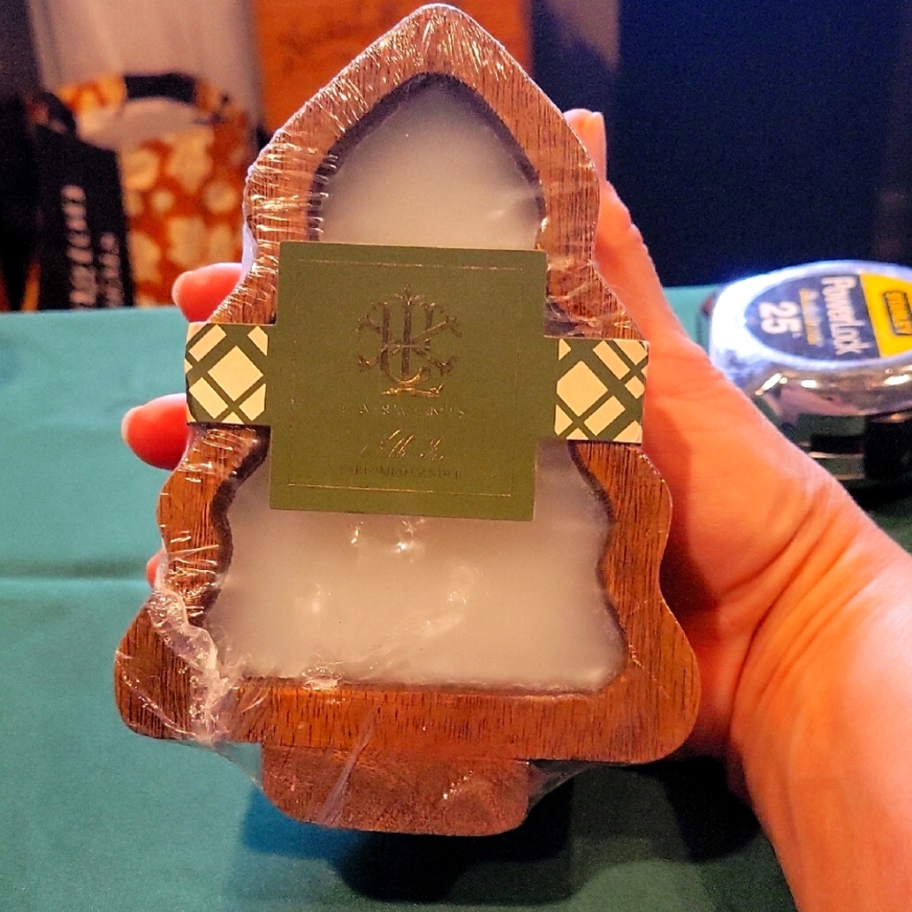 Wooden Carved Tree-Shaped Bowl W/ 2 Wick Candle By LUX, NWT